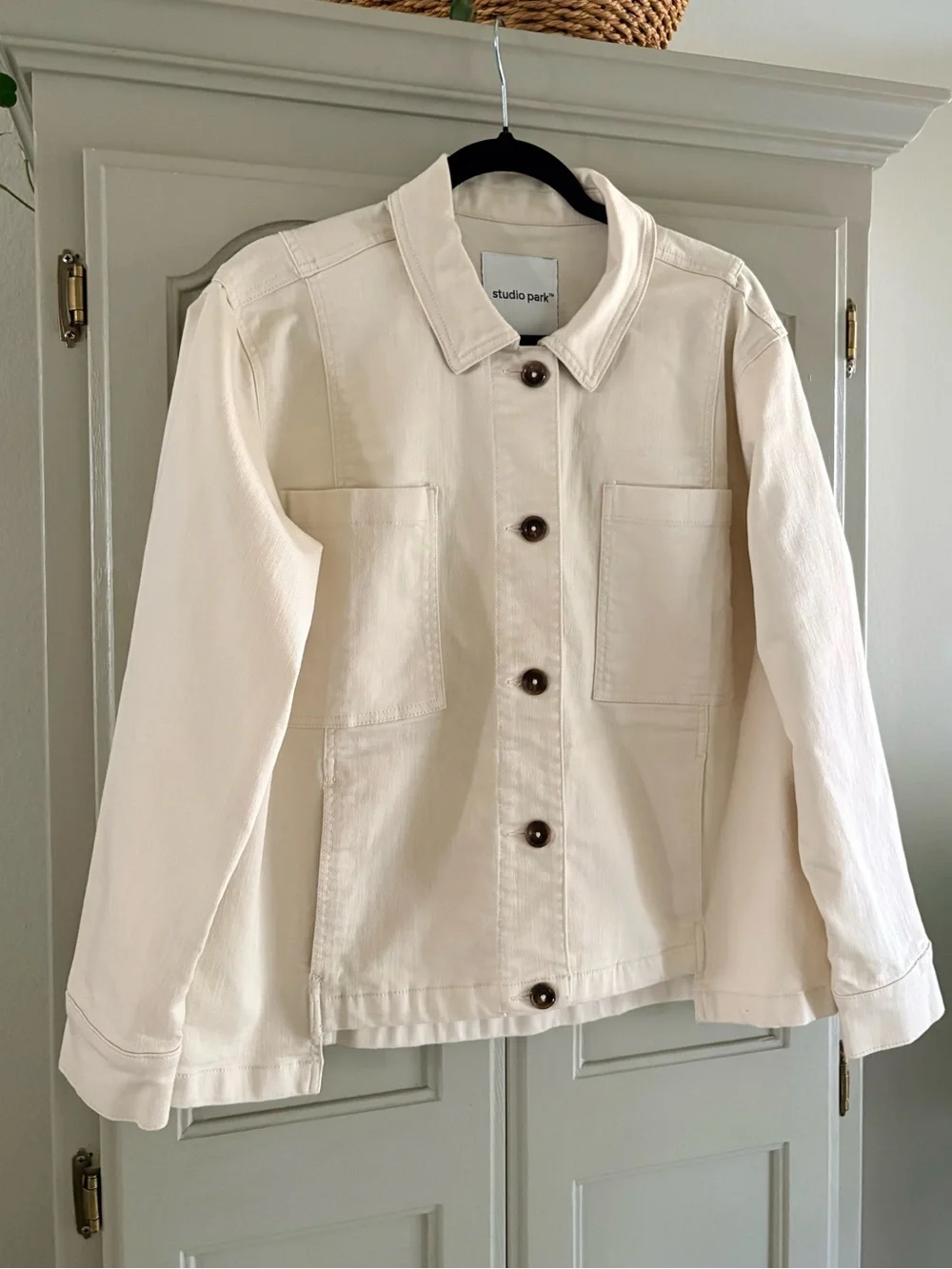 Studio Park x Amy Stran Cotton Blend Denim Utility Chore Jacket |  Ecru| Size L